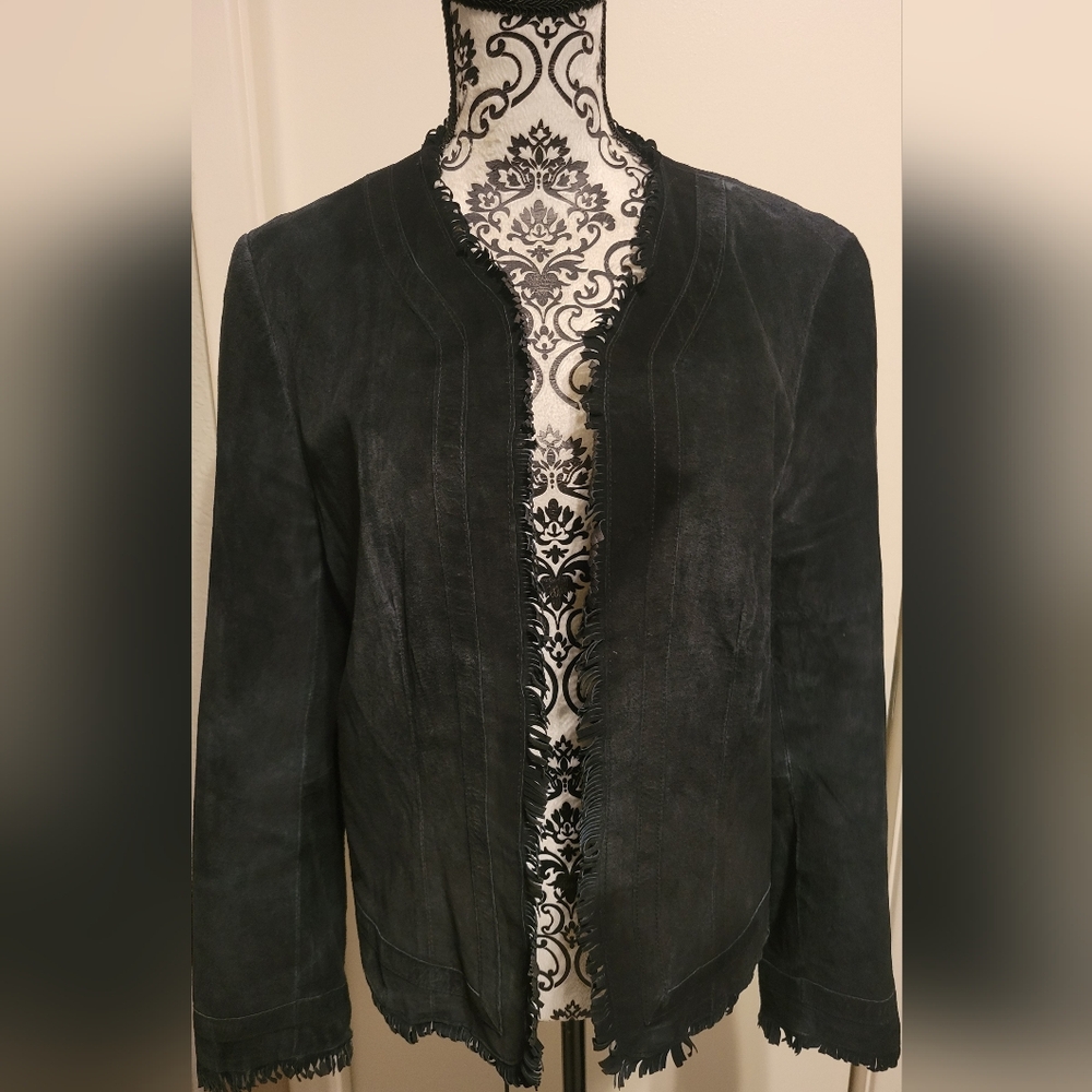 ZaZee Black Suede Leather Fringe Trim Jacket Sz Large *See Pics‎ For Flaws